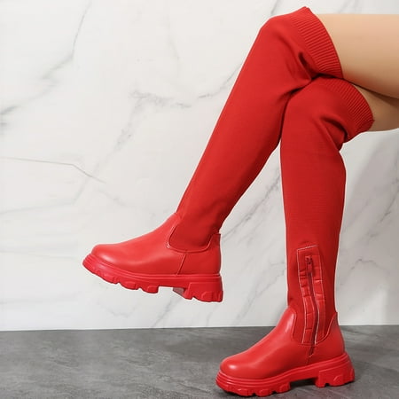 

Women‘s Over The Knee Stretch Boots Comfortable Platform Side Zipper Boots Slip On Round Toe Shoes