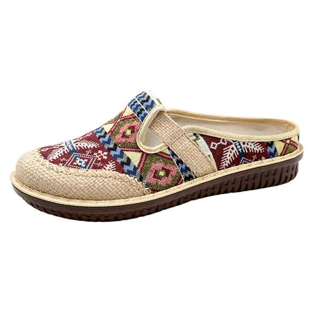 

ZAROYEAX Ladies Simple Breathable Flat Bottom Comfortable Large Size Linen Retro Single Shoes Casual Shoes Cloth Shoes Half Slippers