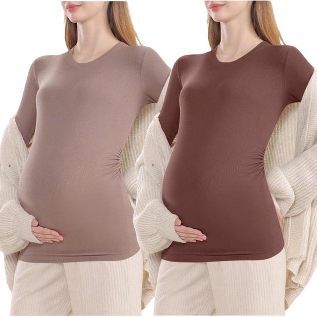 MeetoTime Women's Maternity Clothes Solid Color Round Neck Long Sleeved Top Thin Pregnancy Base Shirt