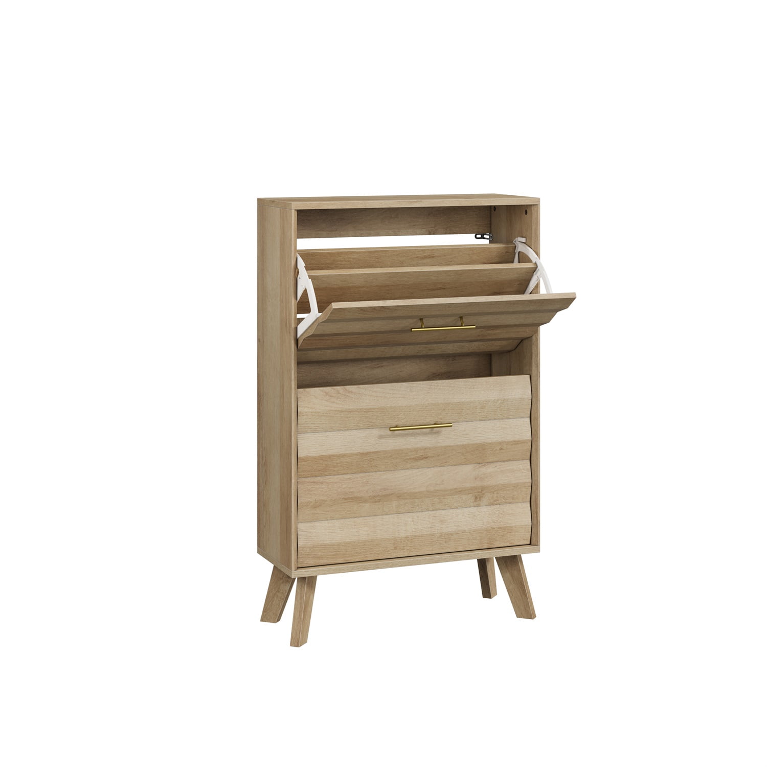 Hommoo 23.6-inch Mid-Century Modern Slim Shoe Cabinet with Dual Flip-Top Storage & Open Shelf, Freestanding Entryway Organizer, Oak