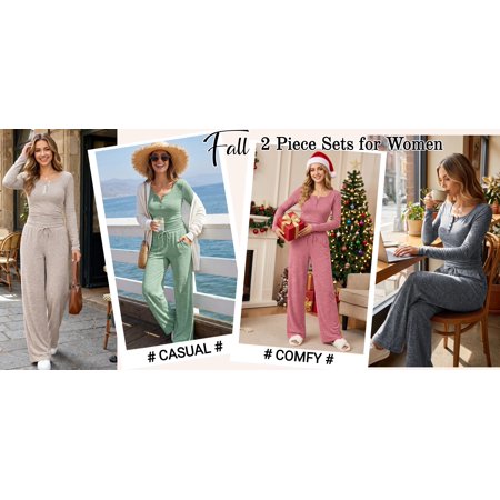 UVN Two Piece Sets for Women Fall Long Sleeve Ruched Tops and Wide Leg Pants Outfits Ladies Fashion Casual Lounge Sets