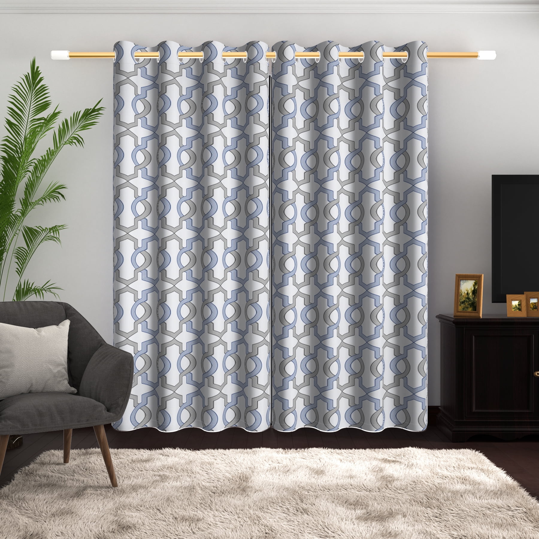 Lfeey Blackout Curtains for Bedroom, Plaid Blue Gray Geometric Pattern Curtains with Top Grommets, 52x63 Inches, 2 Panels