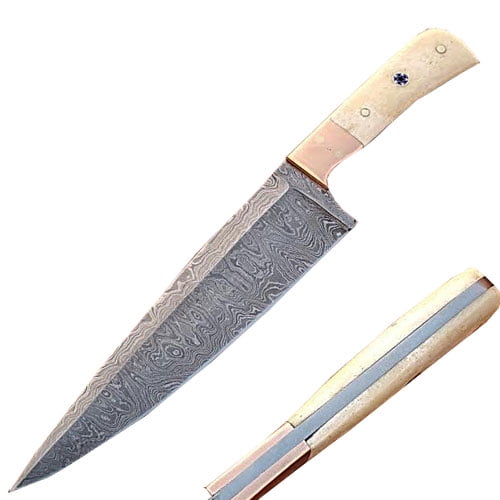 Custom Handmade Damascus Copper Guard Chef Knife Bone Handle