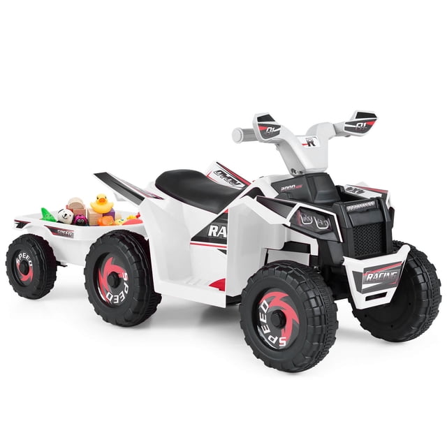 Costway Kids Electric ATV Car, 6V Battery-Powered Ride on Toy wirh Removable Back Trailer White
