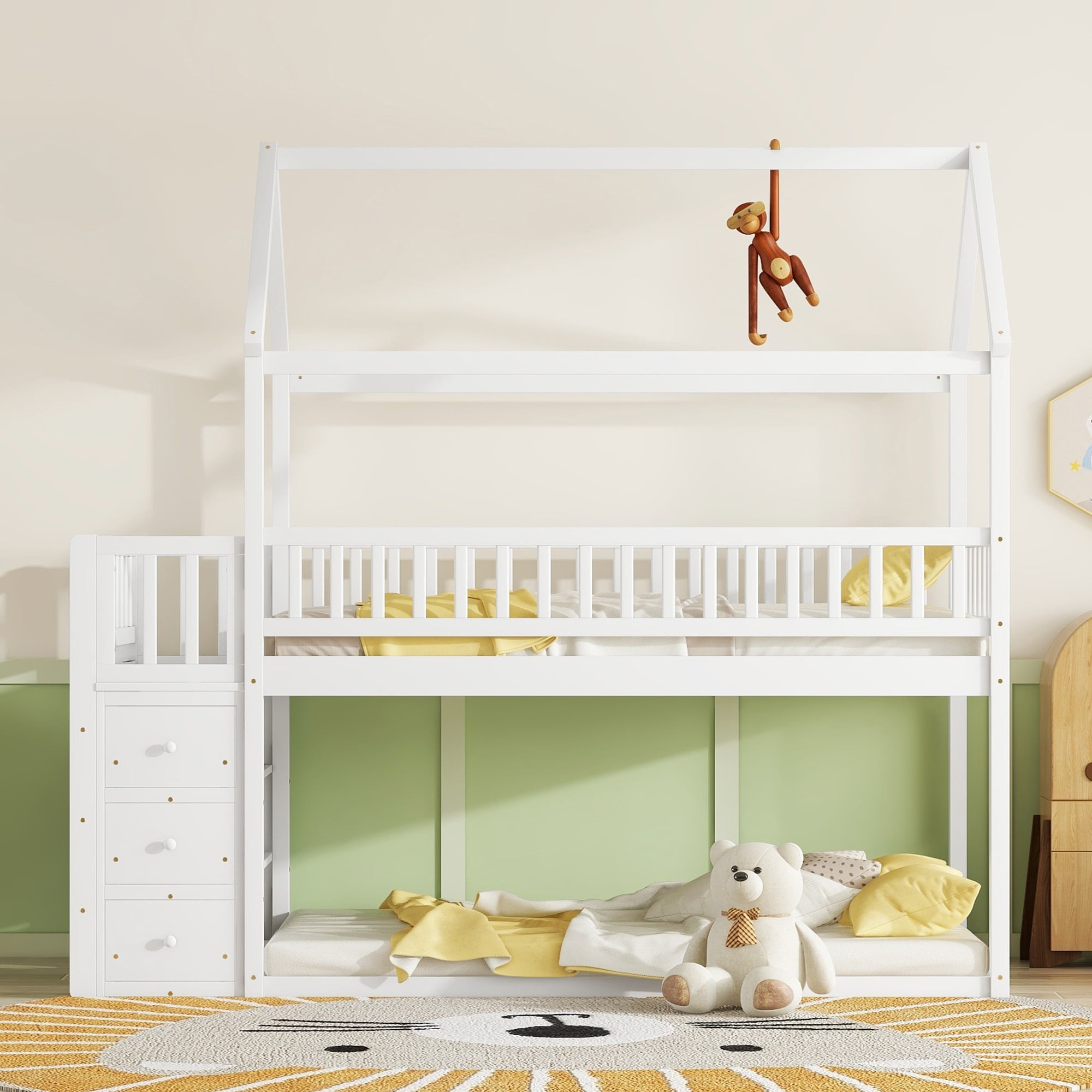 Euroco Twin over Twin Bunk Bed with Wardrobe, Drawer and Shelf, Trundle Bed for Kids Teens Room, White