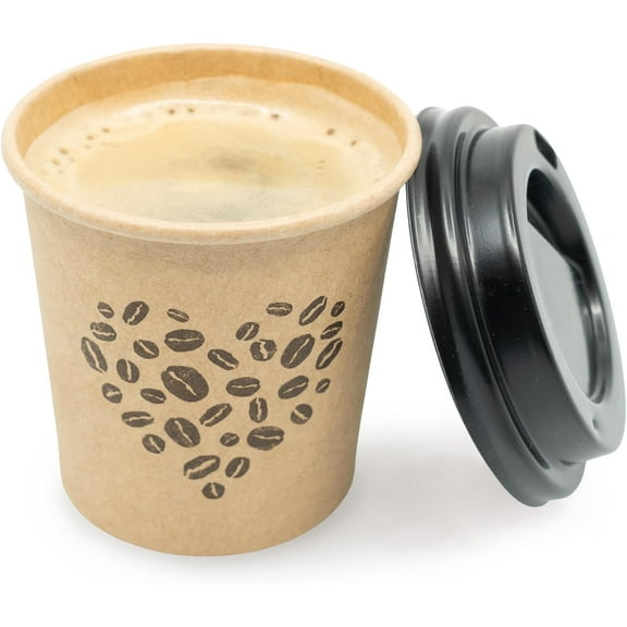 Disposable Espresso Cups with Lids - 4 Oz - 50 Sets - Kraft Coffee Print - Small To Go Paper Cups with Tops for Home Office or Party