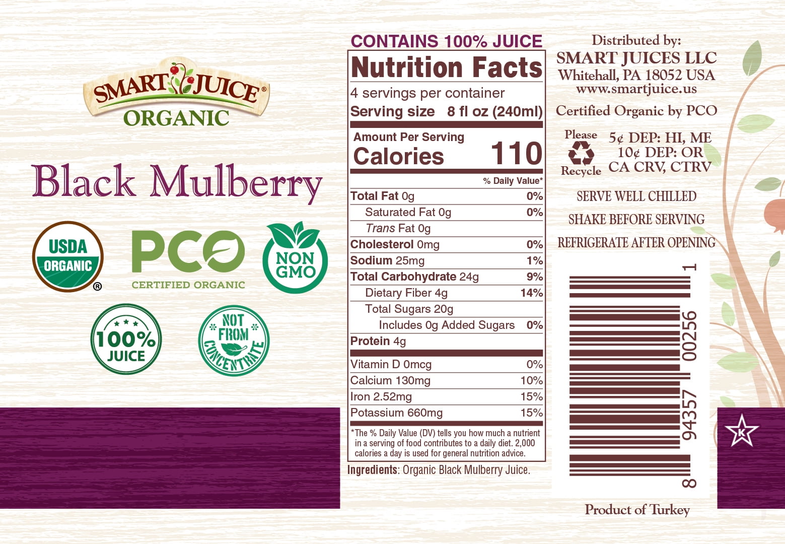 Smart Juice Organic Black Mulberry Juice - 100% Juice Not From Concentrate - 33.8 fl oz (1L) - (case of 6)
