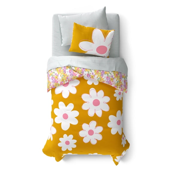 Mainstays Kids Daisy Reversible Comforter Set with Sheets, Twin, 5 Pieces