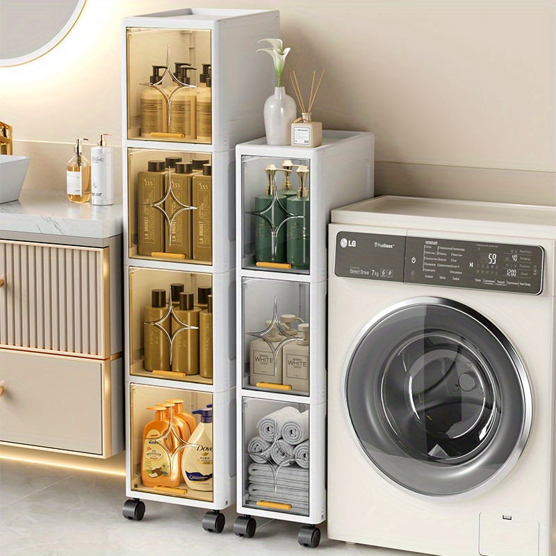 XHSGX 7.87" Slim Bathroom Storage Cabinet with Clear Doors, 4-Tier Tall Narrow Storage Cabinet for Small Space, Rolling Slim Storage Organizer, Easy Assembly, White
