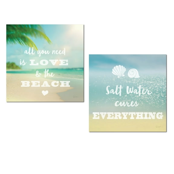 Beautiful Inspirational "All You Need Is Love And The Beach" and "Salt Water Cures Everything' Ocean Photograph Set by Sue Schlabach; Nautical Coastal Decor; Two 12x12in Paper Posters