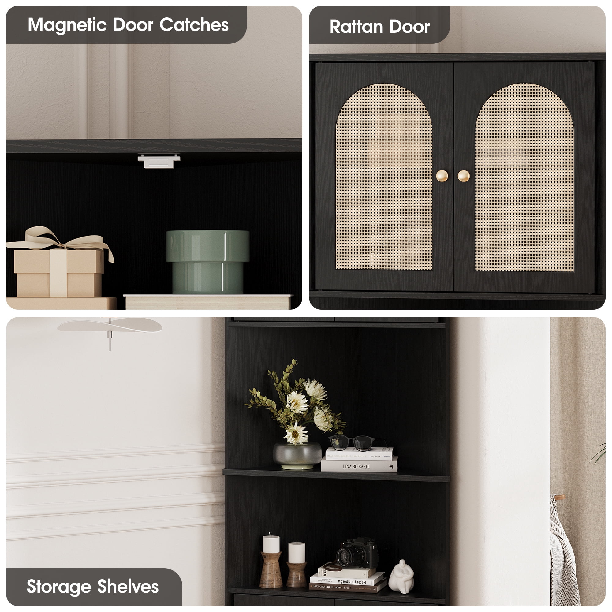 VEANERWOOD Rattan 67" Tall Corner Storage Cabinet, Corner Shelf Stand Storage Rack for Living Room, Home Office, Kitchen, Small Space,Black