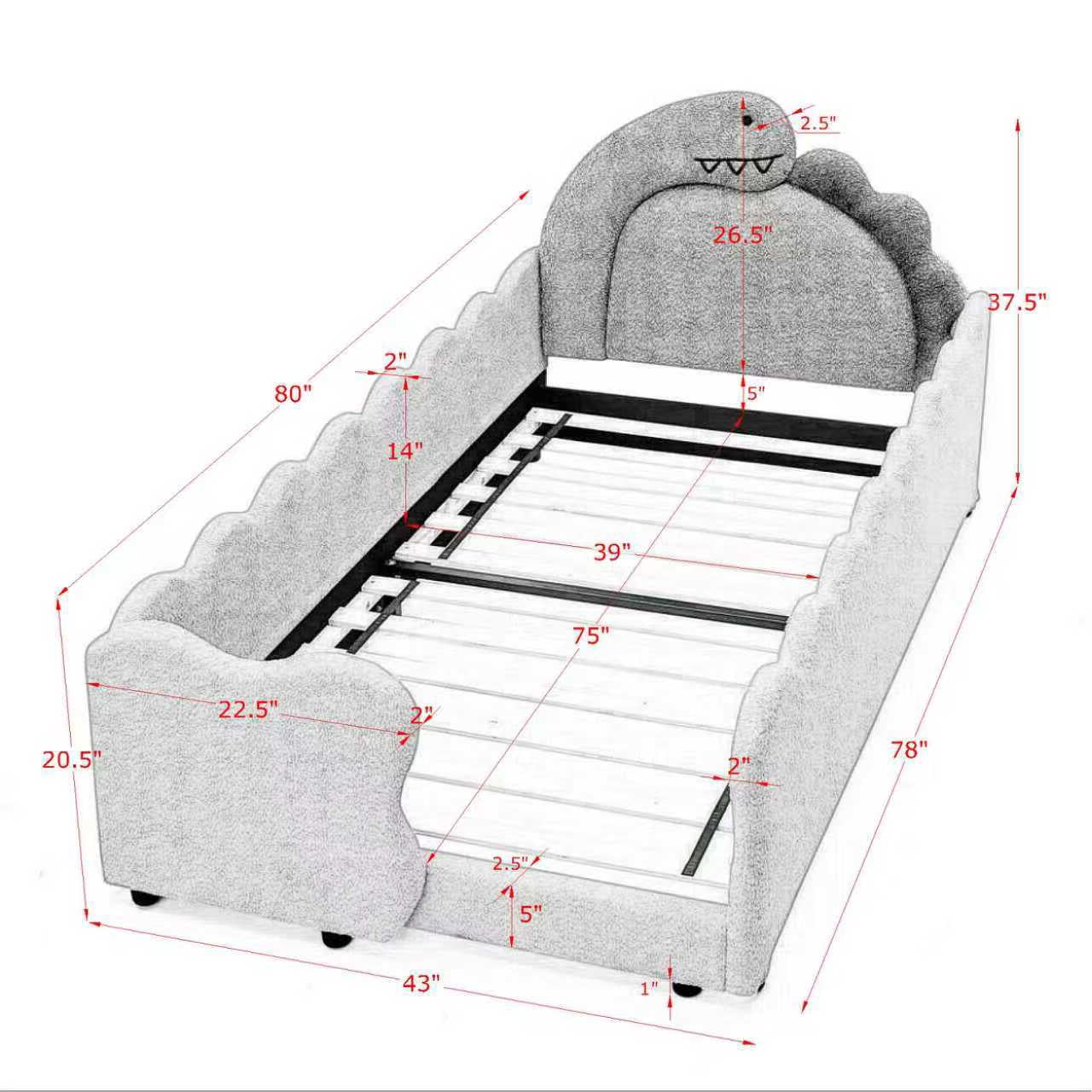 Anpport Twin Size Dinosaur Kids Bed Frame, Boucle Fabric Upholstered Platform Bed with Full Safety Guardrails, Cute Dino Shaped Toddler Bed for Boys Girls Bedroom, Yellow
