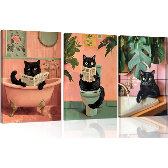 3Pcs Pink Bathroom Cat Wall Art Black Cat Sitting on Toilet Reading Canvas Posters Funny Cat Bathroom Prints Pink Animal Pictures Green Botanical Painting Wall Decor for Bathroom Toilet Unframed