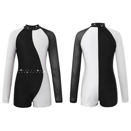 iiniim Girls Ballet Dance Leotard Gymnastics Sports Rhinestones Color Block Biketards Dancewear Size 6-16 A Black&White 6