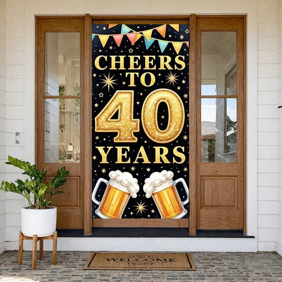 Golden Glitter 40th Birthday Banner Cheers Theme Cheers Celebration Display Star Pattern Beer Mug Design 40 Years Backdrop for 40th Birthday Party Adult Celebration Anniversary Gathering