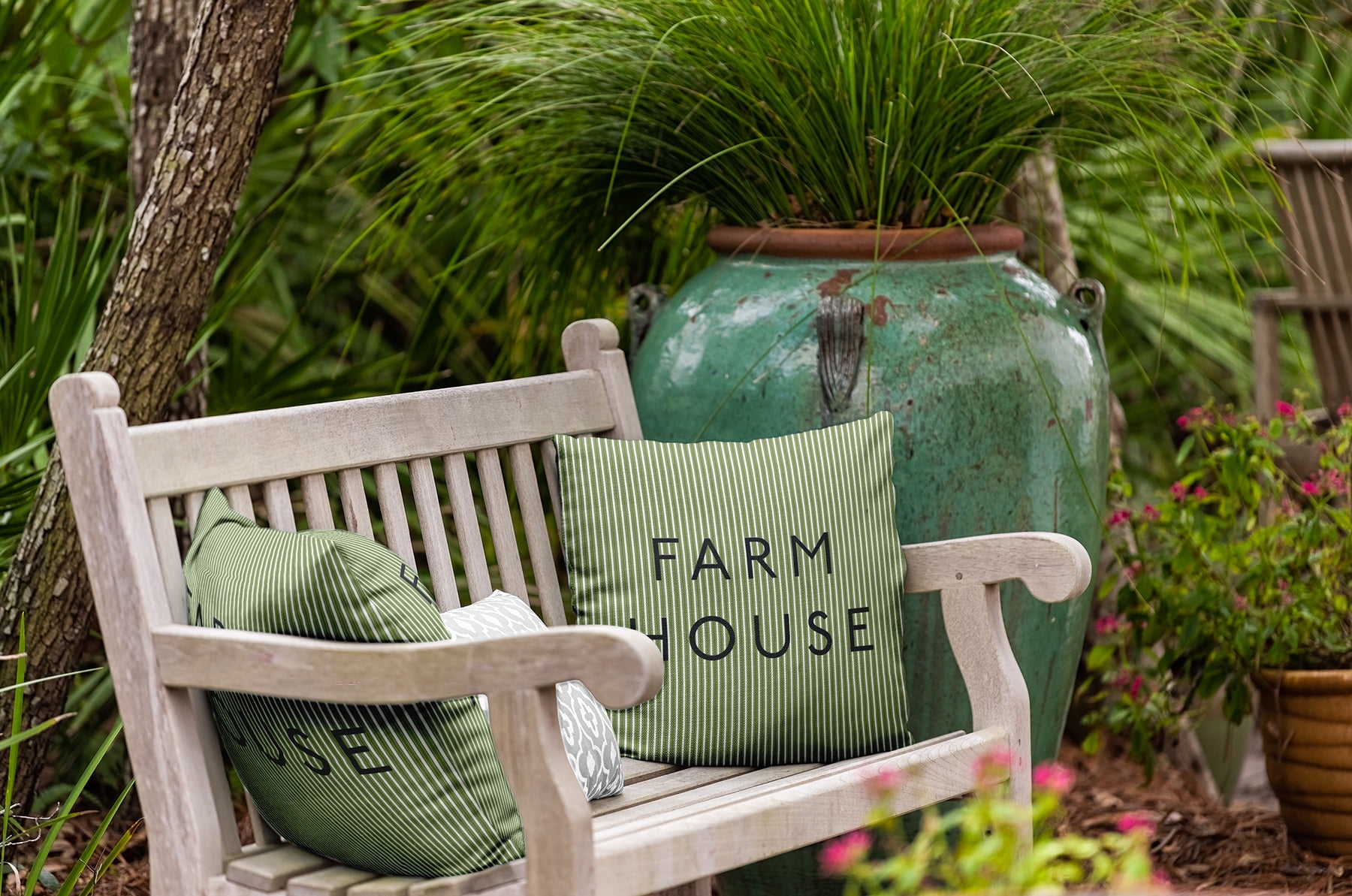 20" x 20" Simply Daisy Farmhouse Ticking Indoor/Outdoor Pillow, Light Olive Green Qty 1