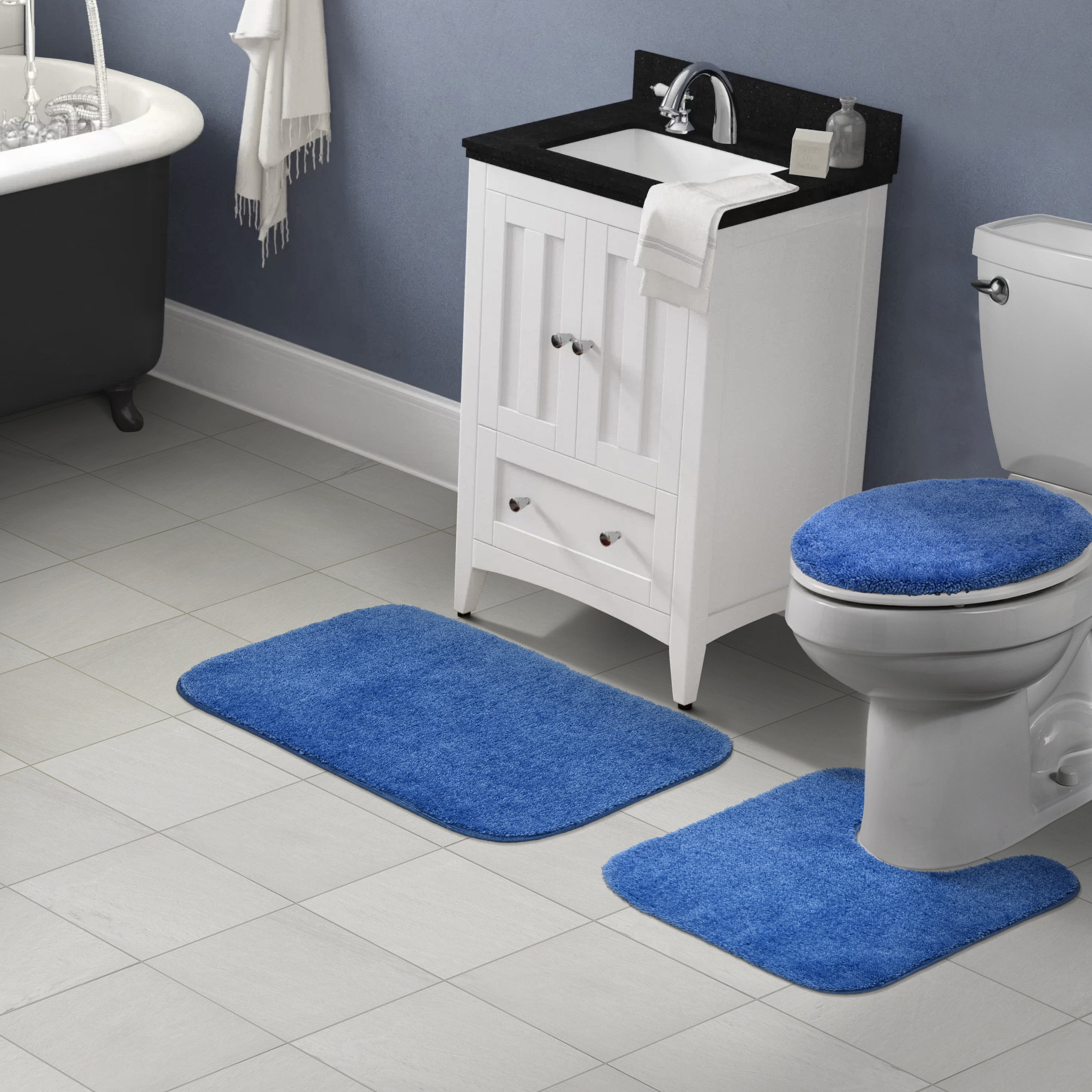 Garland Rug Traditional Washable Bath Rug Set, 3 Piece Set (21"x34" Bath Rug, Contour Rug, & Toilet Lid) Electric Blue