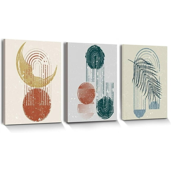 Boho Wall Art for Living Room, Abstract Geometric Shapes Canvas Wall Framed, Set of 3 Wall Decor Art Farmhouse Painting Home Decor, 12x16 Inch