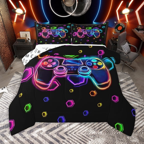 Homewish Teens Colorful Gamepad Bedding Comforter Set,Modern Gamer Twin Comforter Sets,Multicolor Hockeycomb Hexagon Bedding Set For Boys Kids,Ultra Soft Home Decor Reversible,2-Piece