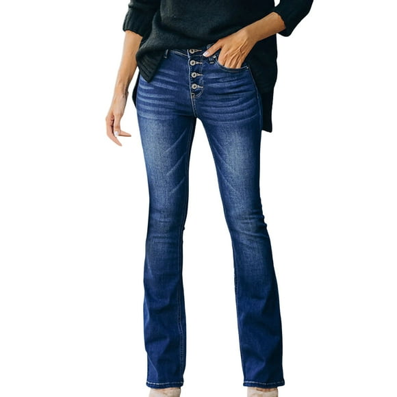 Bmisegm Womens Stretch Slim Fit Multi Button Flared Denim Pants Y2K Jeans for Women Dark Blue M