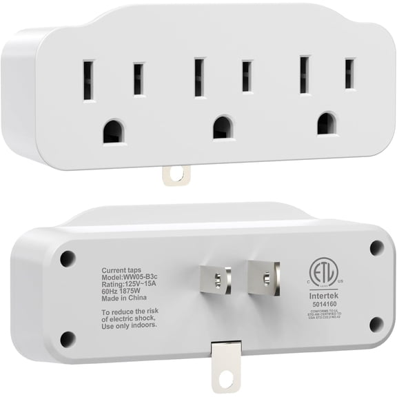 3 Prong Outlet Extender, 3 Way Plug , Power Splitter 3 Prong with Grounded Plug, 3 Outlet Use for /Office/Dorm, White, 2