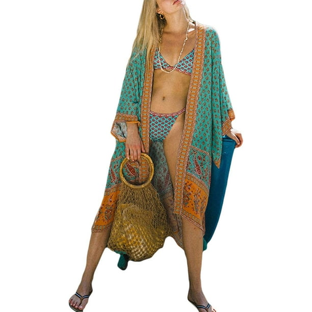 Xishao Kimono de Playa con Estampado Bohemio Cubre Bikini para Mujer A-Verde A-Verde Xishao ropa