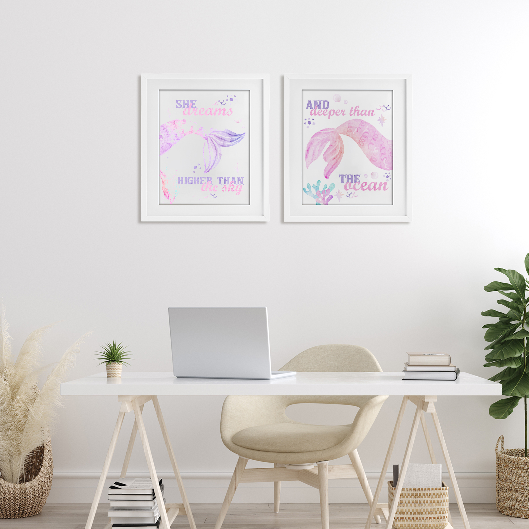Mermaid Dreams Ocean & Sky 2 Piece White Framed Print Under Glass Set, design by Kim Allen