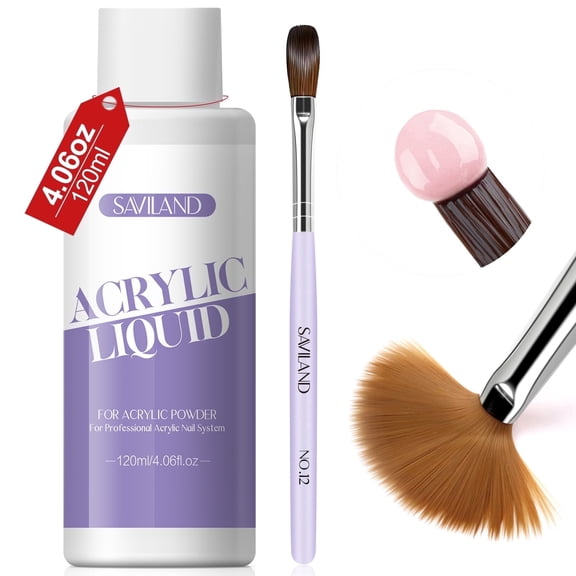 SAVILAND Monomer Acrylic Nail Liquid: 4 oz Acrylic Liquid Monomer with #12 Acrylic Nail Brush for Acrylic Powder Application, Non-Yellowing Acrylic Nail Monomer Liquid for DIY Home & Nail Salon Use
