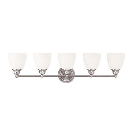 - Bathroom Vanity 5 Light With Hand Blown Satin Opal White Glass Brushed Nickel size 34 in 500 Watts - World of Crystal
