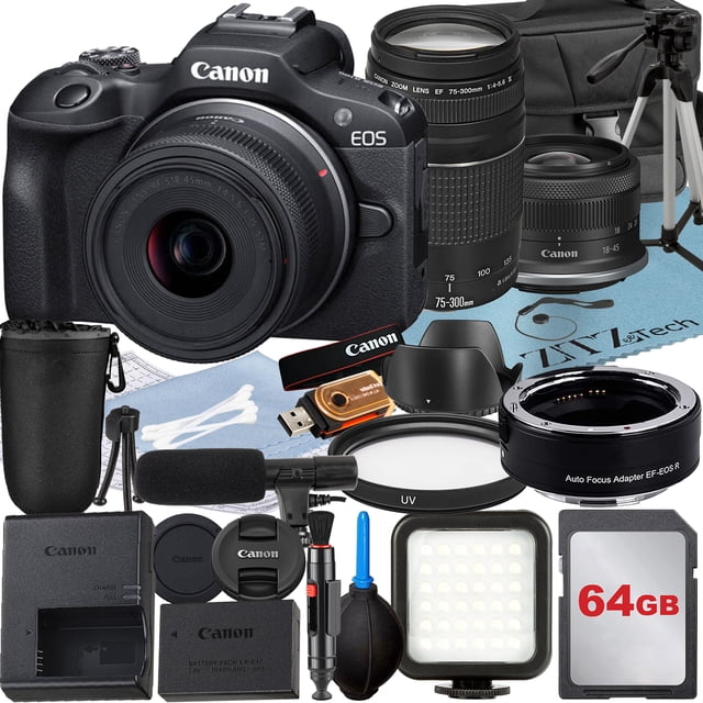Canon EOS R100 Mirrorless Camera with RF-S 18-45mm + EF 75-300mm Lens + Mount Adapter + 64GB Memory Card + Case + LED Flash + ZeeTech Accessory Bundle