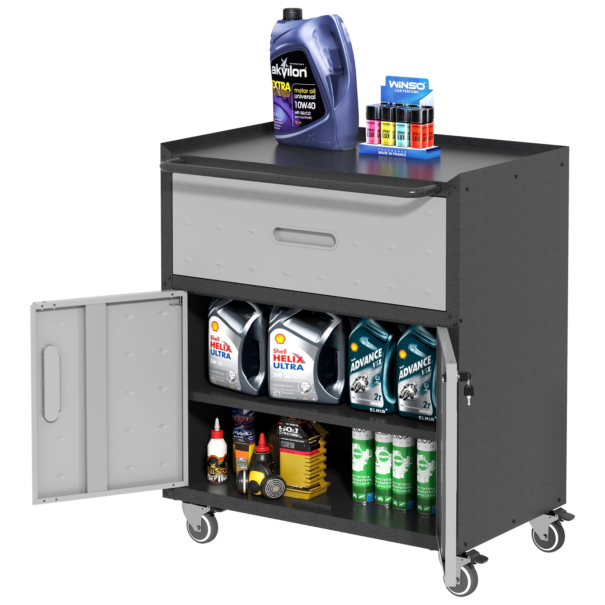 Sturdy and Durable Metal Tool Cabinet for Garage with Wheels, Mobile Heavy-Duty Storage Cabinet with 1 Drawer and 2 Locking Doors, Rolling Tool Storage Cabinet, Black and Gray