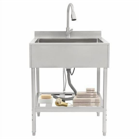Miumaeov Modern Stainless Steel Utility Sink Free Standing Single Bowl Kitchen Sink w/ Faucet & Bottom Shelf