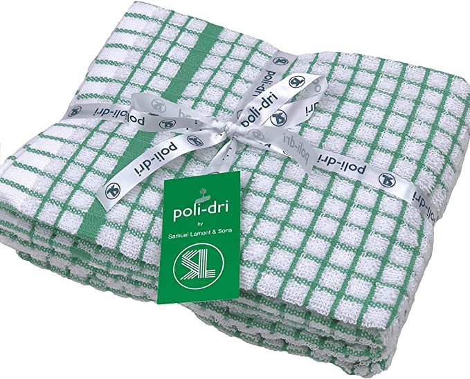 Samuel Lamont Poli-Dri Kitchen/Tea Towels White/Lite Grn 3 Piece Set 100% Cotton 