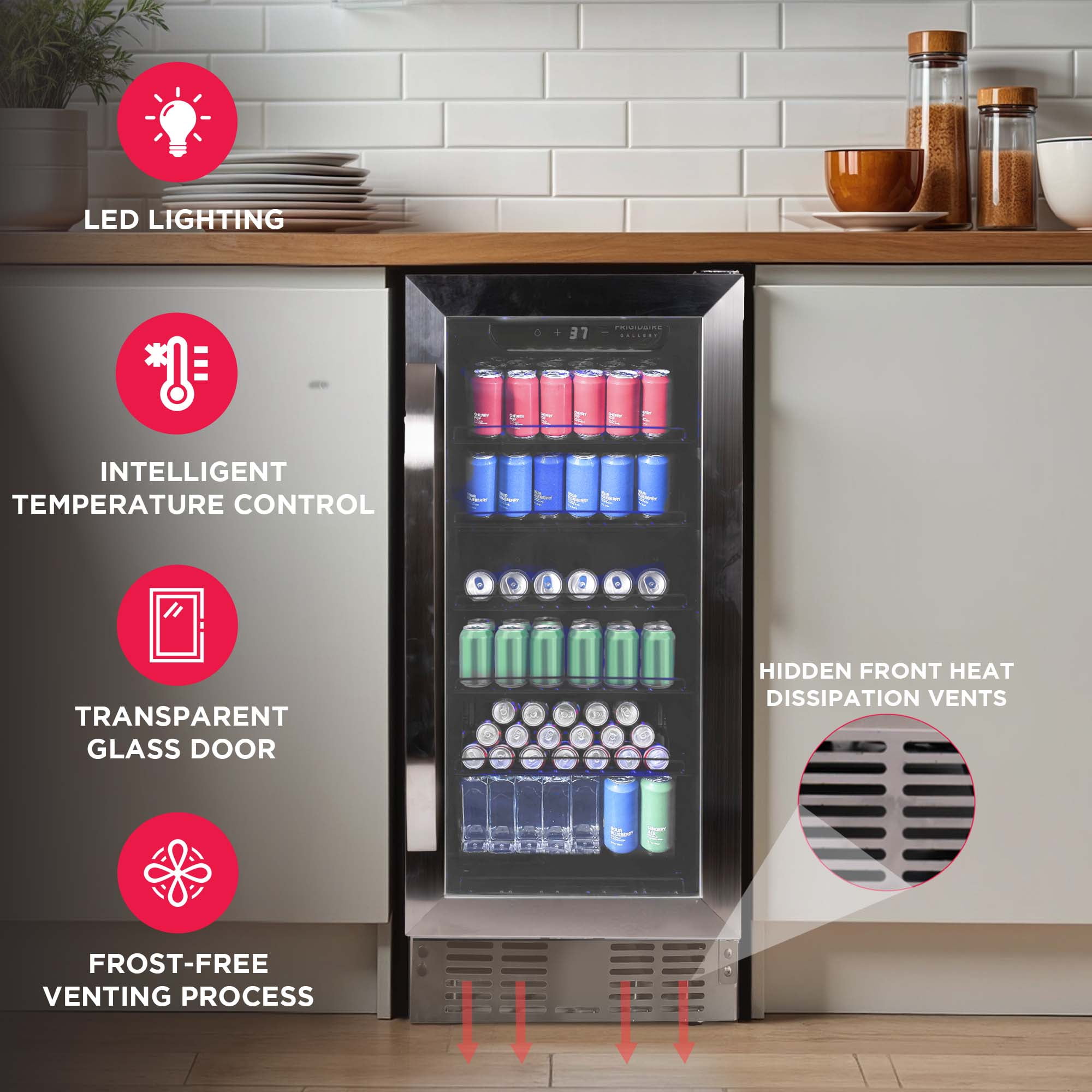 Frigidaire Gallery 15" Beverage Refrigerator with Glass Door, Holds 115 Cans or 30 Bottles, Built in or Freestanding Under Counter Beverage Fridge with LED Light