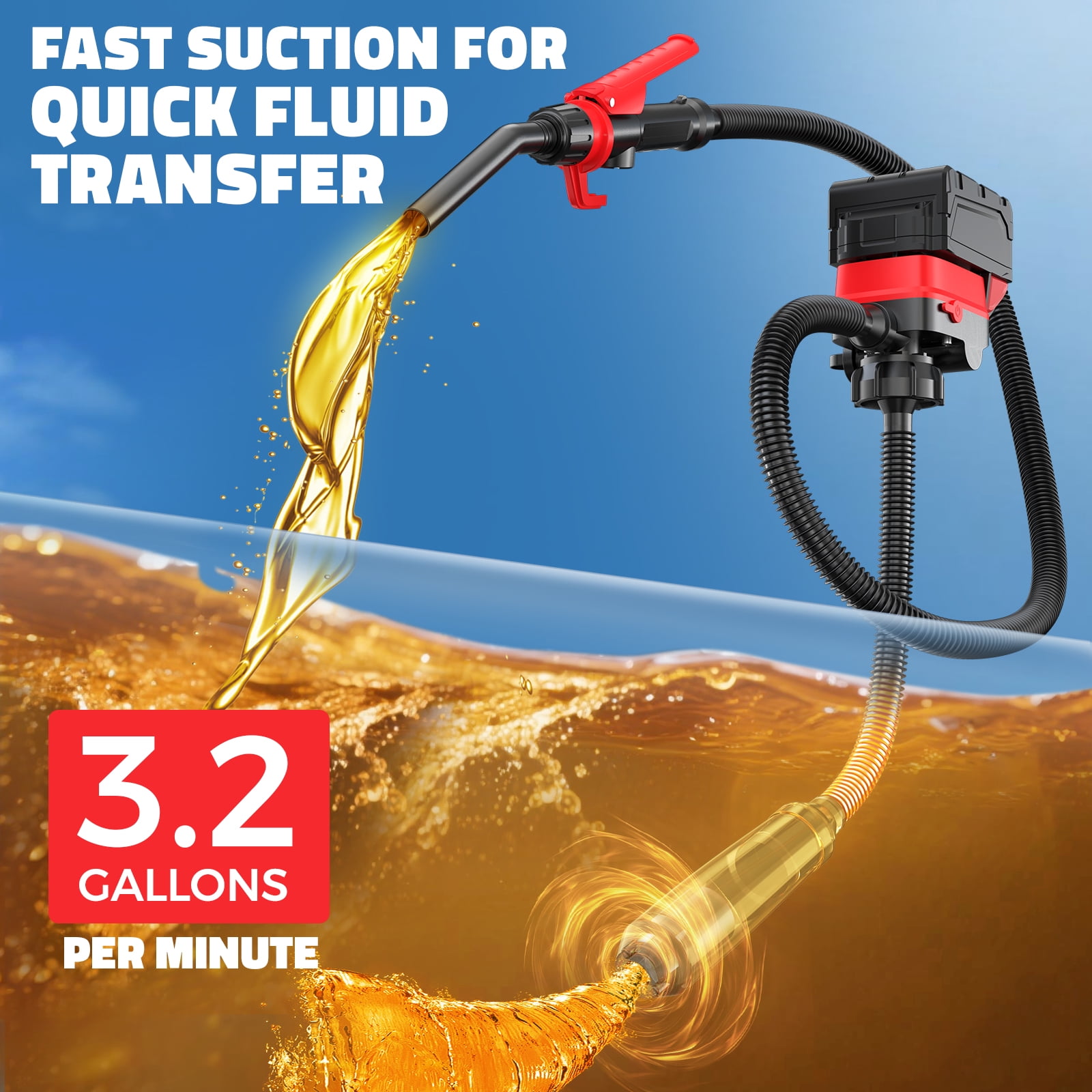 Cordless Fuel Transfer Pump Compatible with DeWalt 20V & Milwaukee 18V Batteries, 3.2 GPM Portable Fuel Pump with 51'' Hose and 3 Adapters(Bare Tool)