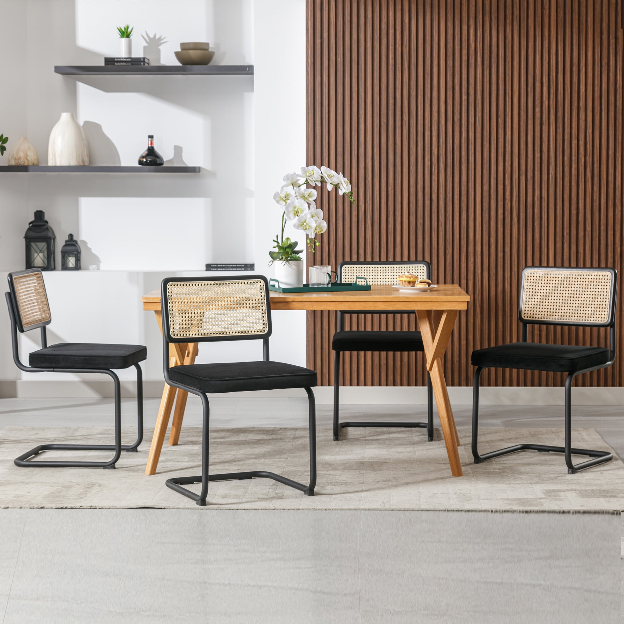 ONEVOG Rattan Dining Chairs Set of 4, Upholstered Velvet Kitchen Chairs