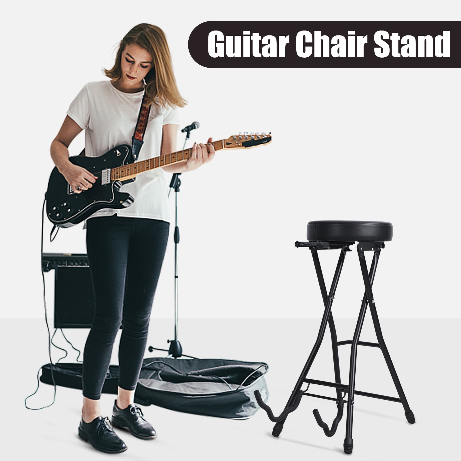 Koiauber Guitar Stool with Padded Seat,Collapsible Chair with Guitar Stand,Retractable Hook,Adult Portable Folding Stool