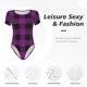thumbnail image 4 of Balery Purple Black Plaid Body de cuello redondo de manga corta para mujer Tops de manga corta Tops básicos-Large, 4 of 7