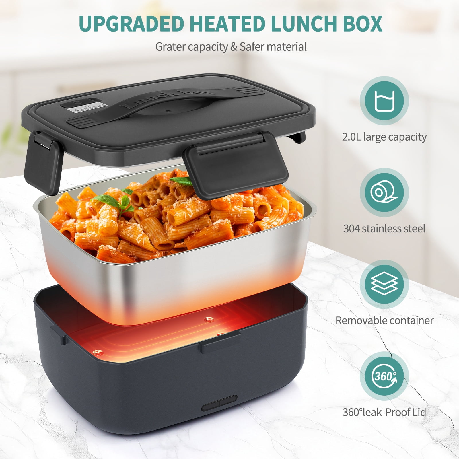 Ocalpur 2L Portable Electric Lunch Box, 110V/12V Car & Home Dual Use, PTC Heating & 304 Stainless Steel, 90W Quick Food Warmer Heated Lunch Box, Leakproof Food Heater for Office, Gray
