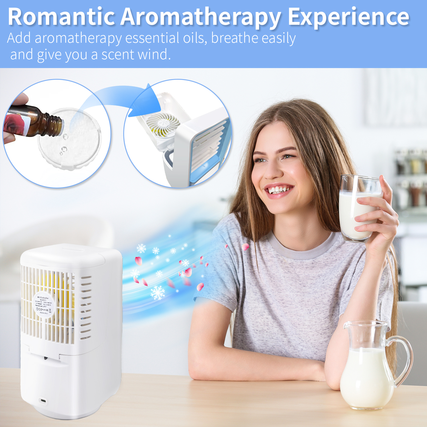 Portable Air Conditioner Fan Desk Fan with 700ml Water Tank Rechargable 3 Speeds 7 Colors Light 120?Oscillation Small Desktop Personal Cooling Fan for Room Office Car Camping