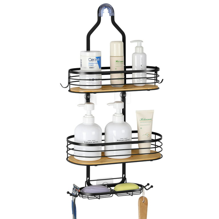 Oumilen Black Stainless Steel & Bamboo Hanging Caddy - Over-the-head Shower Organizer with Hooks & Suction Cups - Silver