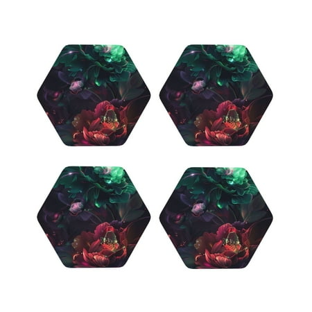 

Coasters Set of 4 - Red and Green Carnation Drink Coasters for Tabletop Protection Leather Coasters for Living Room Decor and Housewarming Gift Hexagon