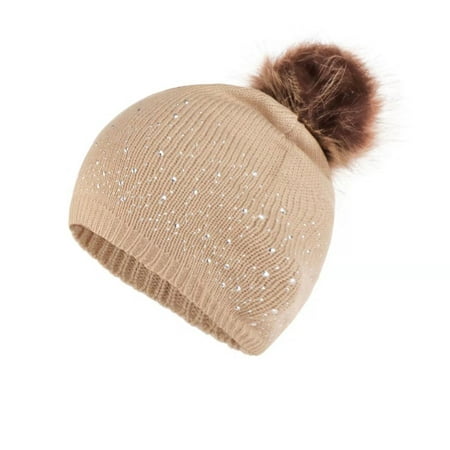 

Cute Baby Knitting Wool Hemming Hat Rhinestone Keep Warm Winter Hairball Cap
