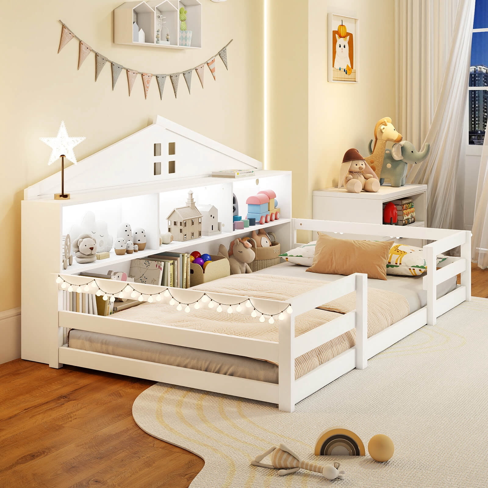 Costway Twin Size Montessori Floor Bed with LED Lights Safety Guardrails Compartments Shelf White