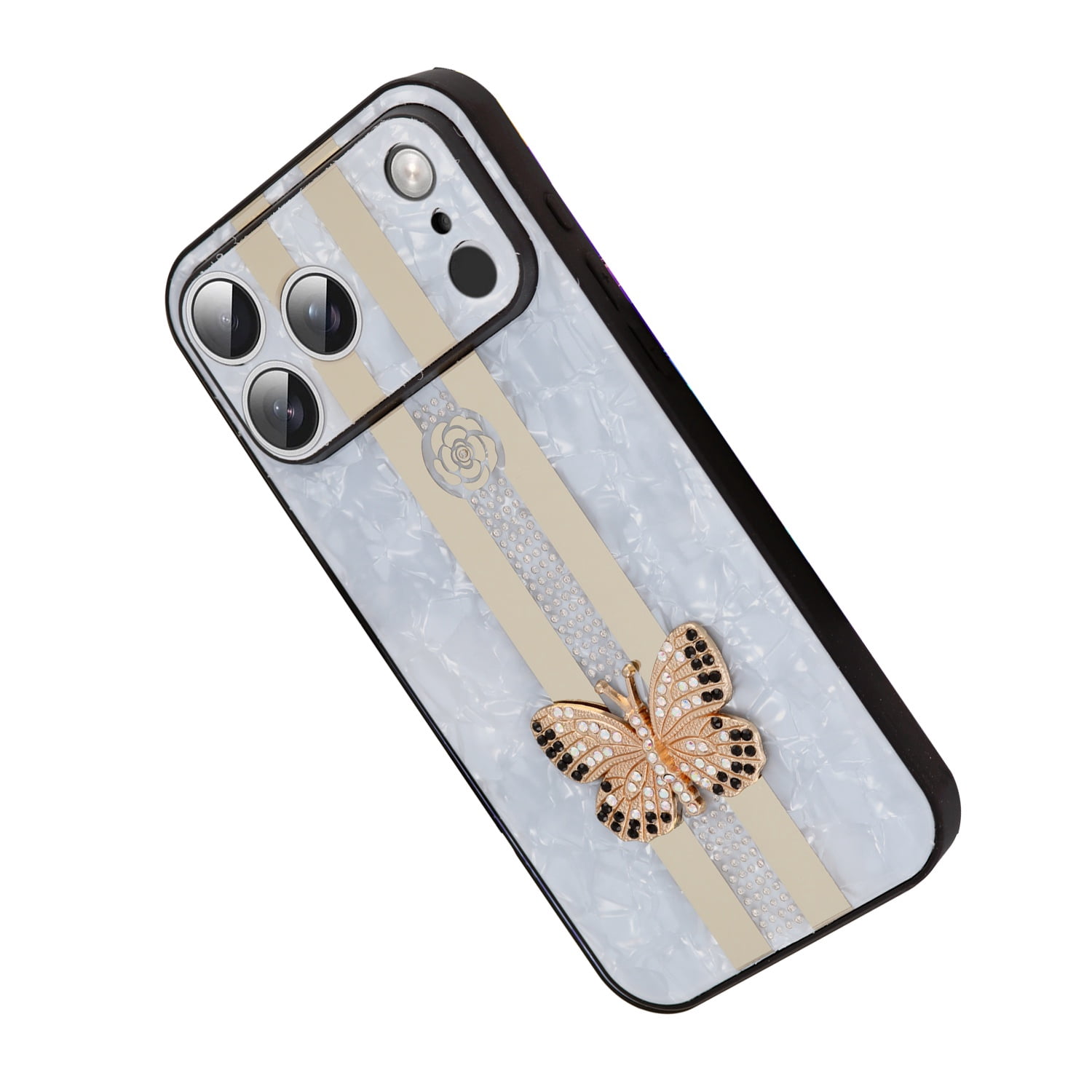 Shiny Rhinestone Butterfly Cover for iPhone 17 Pro Max - White