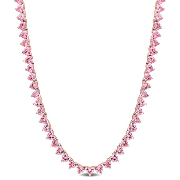 Everly Women's 35.2CT TGW Created Pink Sapphire Rose Gold Plated Heart Shaped Tennis Necklace