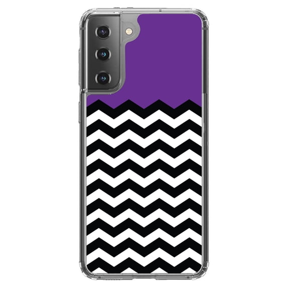 DistinctInk Clear Shockproof Hybrid Case for Galaxy S21 5G (6.2" Screen) - TPU Bumper, Acrylic Back, Tempered Glass Screen Protector - Black White Purple Chevron - Black White Stripes