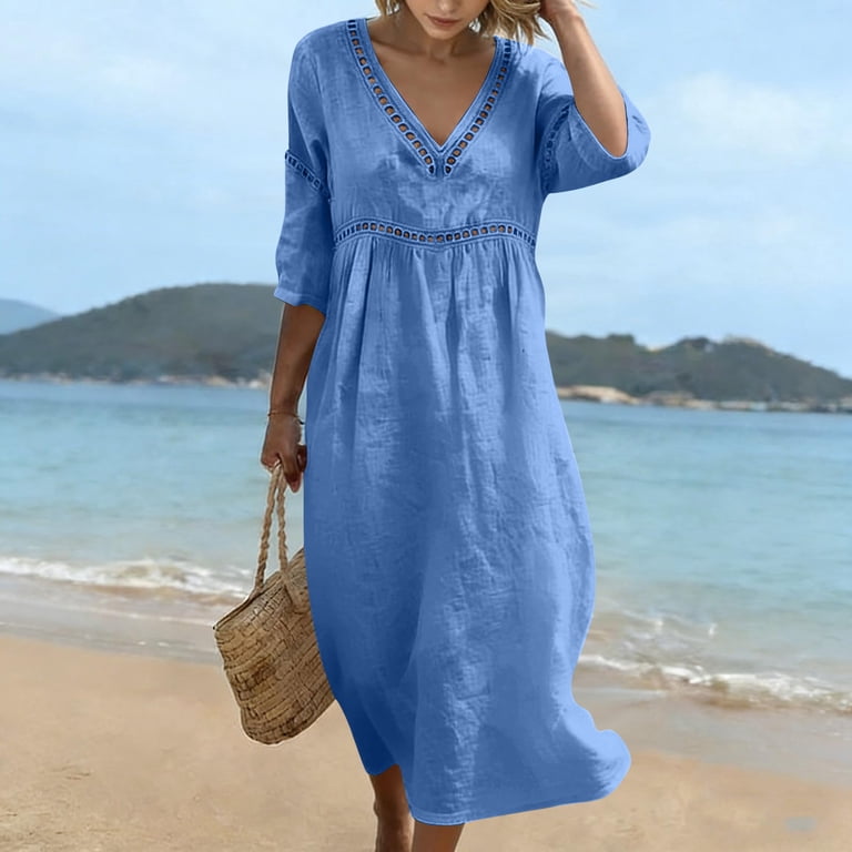 royal blue boho dress Domzest Midi for Women V Neck Half Sleeve Sundress Summer Hollow Out Waist Dresses for Beach Vacaion S at once elongated but