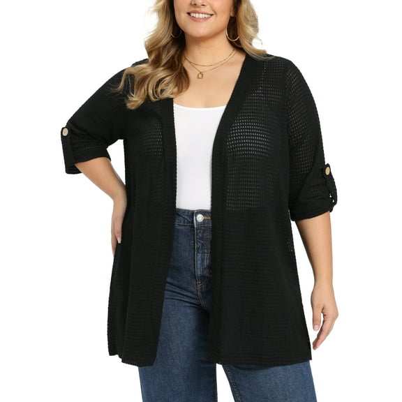 GRACE & GRANDEUR Women's Plus Size Lightweight Open Front Cardigans Hollow Out Crochet Knit Cardigan 3/4 Sleeve Side Slits Long Cover Up 1X Black