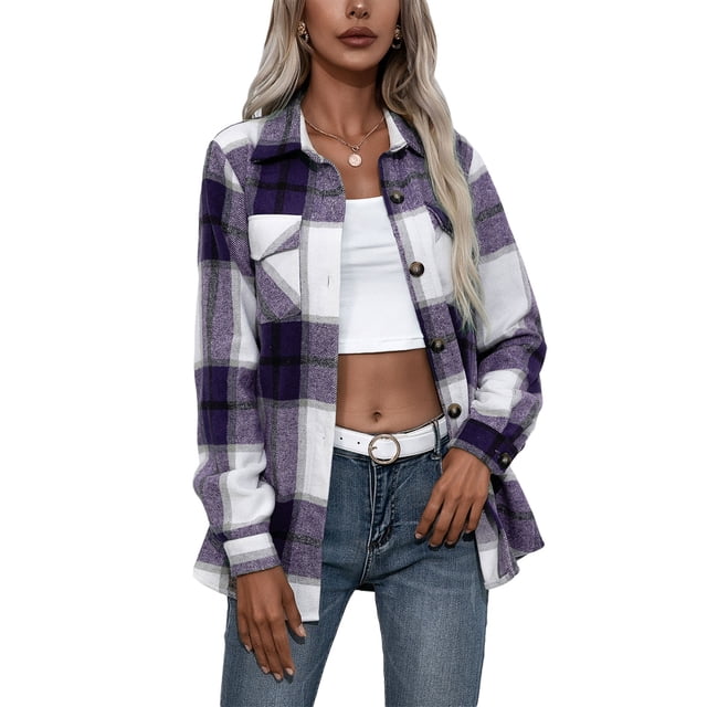 Women Plaid Flannel Shirt Jacket Button Down Lapel Long Sleeve Shacket Cardigan Coats Fall Spring Clothes